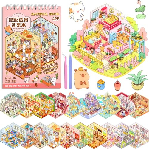 ASTARON 20 Sets DIY 3D Sticker Scene Book Sticker Therapy for Adults, Make Your Own Mini Cozy Shop House Room Stickers Cute Cartoon Miniature Stickers for Girls, Relief Stress Pass The Time