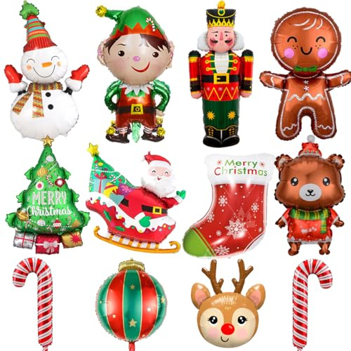 12 Pcs Oversized Christmas Foil Balloons Party Decorations Xmas Balloons for Kids: Stocking Snowman Santa Elf Helium Balloon