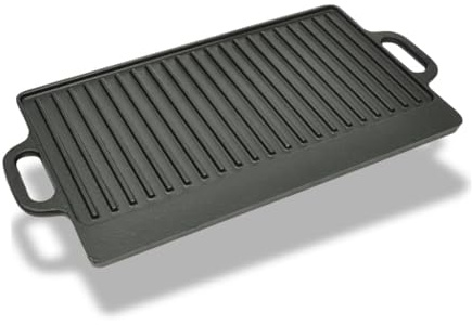 Plaque De Cuisson Double Face En Fonte 50x23 Cm, Avec Surface Striée Et Lisse, Poele Grill Fonte, Grill Viande, Compatible Tous Feux, Pré-Culottée