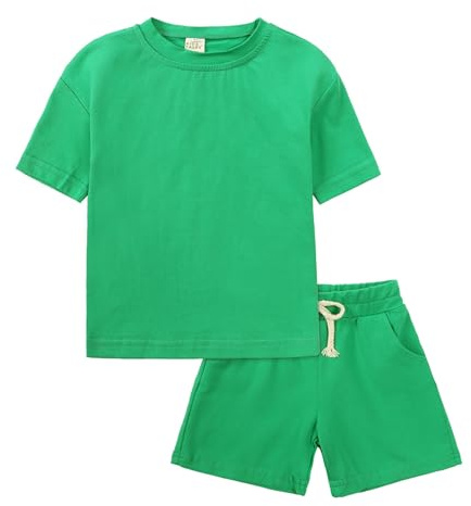 Completo Bambino Set 2 Pezzi in Cotone Tuta Sportiva con Tasche Pantaloncini e Basic T Shirt Completo Bambini Estivo Tuta Casual Tinta Unita Loose Fit per Ragazzi e Ragazze (A02-Dark Green, 6-7 anni)