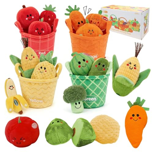 Oecffou 16 Piezas: Frutas y Verduras de Peluche con Papel crujiente y sonajero. Favorece la Sensory y motricidad. Juguete Montessori para bebés de 6-12 Meses. Regalo Ideal para niños y niñas