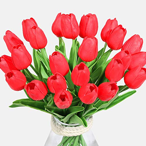 Veryhome Konstgjorda blommor falsk blomma tulpan latex material verklig touch för bröllopsrum hem hotell fest dekoration och gör-det-själv-dekor (ny röd-20 st)