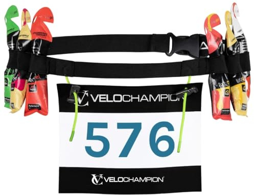 VeloChampion Lightweight Running Belt Waist Pack for Men Women. 6 Energy Gel Loops. Elasticated Fit Race Number Holder - No Pins Needed - 2 or 3 Toggle Style