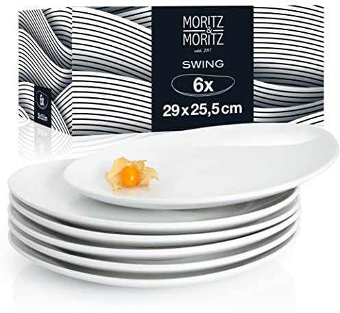 Moritz & Moritz 6tlg Swing Dinner Teller Set 6 Personen 29 x 25,5 cm – Keramik Geschirrset als Speiseteller Menüteller oder Essteller weiß – Made in Portugal