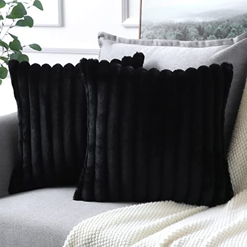 Soleebee Juego de 2 fundas de almohada de terciopelo de peluche, suave piel artificial, decoración para sofá, cojín decorativo, juego de fundas de cojín para sofá, dormitorio, (45x45 cm), color negro