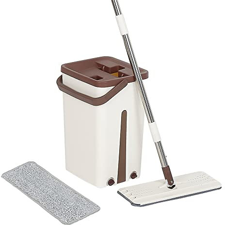 MINGYI Balai Lave Sol 2 en 1, Serpillière Plates avec Seau-Essoreur et 2 Tampons de Vadrouille, Balai de Pulvérisation à Plat Microfibre, 132 cm Marron