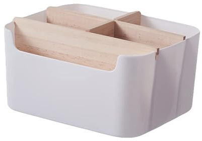 Meuble de bureau en bambou avec 5 compartiments | Boîte de rangement avec porte-stylo pour stylos, cosmétiques, notes post-it | Organiseur de bureau à domicile