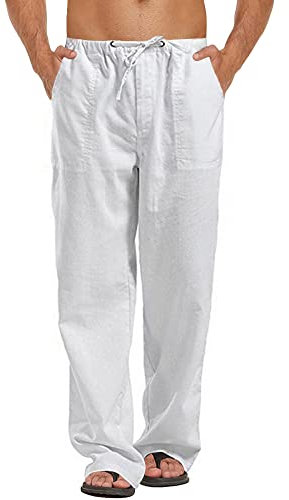 Kvruhuiy Herren Hosen Leinenhosen Baumwolle Freizeithose Casual Yoga Hose Strandhose Sommerhose Weiß M