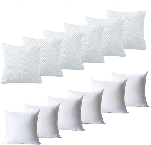 BedLooms Cushions with Covers Included 45 x 45 cm Set of 12 (6 White Cushion Covers, 6 Cushion Inserts) Ultrasonic Square Throw Pillow Cases Decorative Sofa Cushion with Invisible Zipper