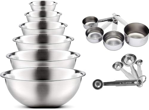 Kitchen Kemistry Edelstahl Multifunktionale Schüssel mit Messbecher und Löffel - 14-teiliges Gourmet Rühr-, Salat- und Servierschüssel zum Kochen und Backen - Stapelbar