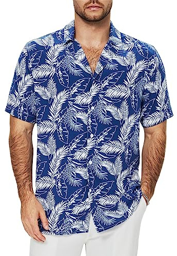 Friptspyg Camicia Uomo a Maniche Corte in Cotone, Stile Hawaiano Estivo con Stampa Funky, Modello Allentato per Spiaggia e Tempo Libero, Blu-Bianco S