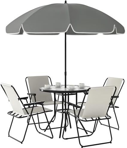 Outsunny Conjunto de Mesa y Sillas Jardín de 6 Piezas Muebles de Jardín Exterior con 4 Sillas Plegables Mesa de Vidrio y Sombrilla para Terraza Patio Crema