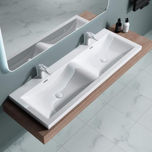 doporro - Lavabo doble empotrable, 144 cm, color blanco, lavaplatos rectangulares, de superficie sólida para cuarto de baño, 144 x 48 x 12 cm, Colossum03
