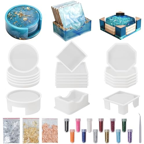VirtuGro 18Pcs Resin Coaster Moulds Epoxy Resin Moulds Silicone Moulds for Resin Casting, Round Square Octagon Coaster Mould with Holder, Gold Foils, Tweezers for DIY Cup Mats Art Crafts