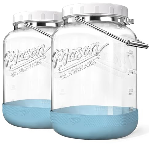 Dwbligt 2 Pack 1.5 Gallon Glass Jar With Airtight Lid, Large Mason Jars Wide Mouth with Scale Marks, Big Glass Storage Containers with Heavy-duty Handles & Non-slip Bases - for Flour, Pickling (192Oz