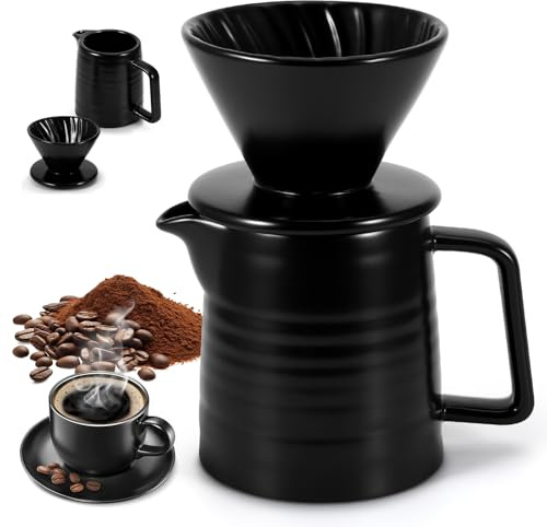 ZONJIE Pour Over - Caffettiera da 500 ml, in porcellana con tazza, caffettiera con filtro, contagocce per caffè, riutilizzabile, filtro per caffè, macchina da caffè gocciolante, 1-3 tazze (nero)