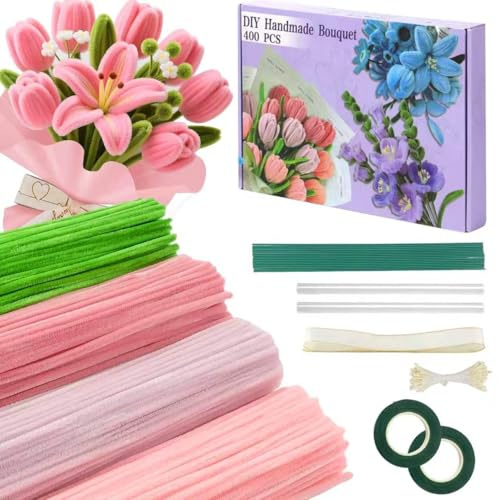 Pfeifenreiniger Blumen Set 400 Stück Pfeifenputzer zum basteln Blumen 4 Farben Pfeifenreiniger zum Basteln mit 20 Stück Grün Basteldraht, 2 Klebebandrollen, Geschenkband(Rosa)
