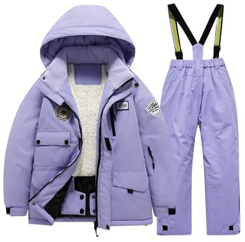 Gefüttert Schneeanzug Kinder Mädchen Junge Fleece Skianzug Winddicht Winteroverall Thermo Daunenjacke Skihose Set Kapuze Reißverschluss Verdickte Schneeoverall (c-Purple, 10-11 Years)
