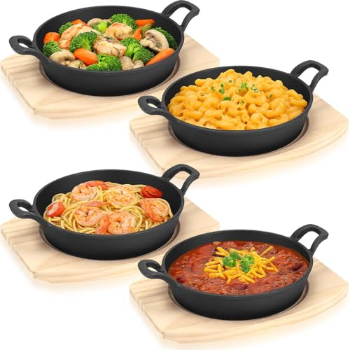 Malloom 4 Sets Mini Cast Iron Skillet, Small Cast Iron Skillet with Wooden Base Small Round Pan Fajita Pot for Cooking (7.9 Inch)