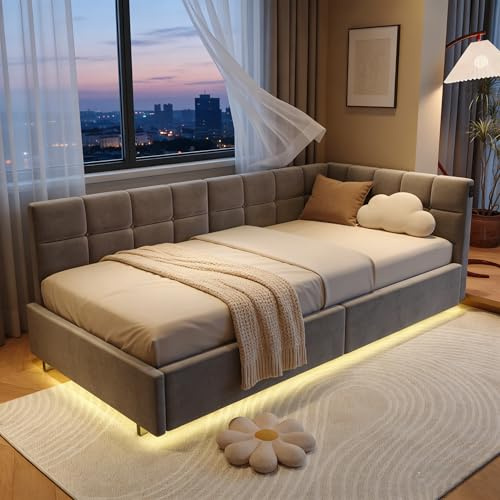 BRILVERDE Divano letto singolo 90x200 con luce LED e USB, Poltrona letto singola con contenitore idraulico, letto con testiera, struttura letto con rete a doghe, in velluto (Grigio, 90 x 200 cm)