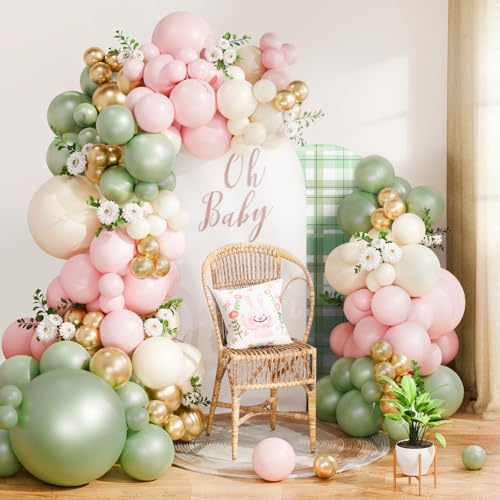 Kit Arco de Globos Verdes Salvia Rosa, 115 Kit Arco Guirnalda Globos Rosas Verdes Dorados con Globo Blanco, Verde Rosa Globo de Cumpleaños para Decoracion Cumpleaños, Baby Shower Niña, Fiesta Boda