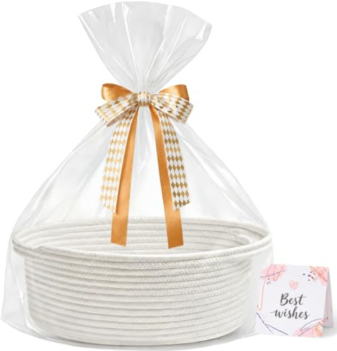 KODOMOORE Gift Basket Empty, Small Baby Shower Basket for Gifts, White | Gift Bag & Ribbon Included | 30x20x12 cm | Woven Cotton Rope | Sturdy Handles | Cute Basket for Baby Boy Girl