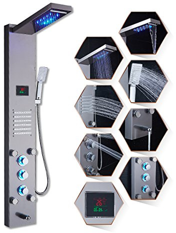 ELLO&ALLO LED Rainfall Waterfall Shower Head Rain Massage System with Body Jets, Stainless Steel Bathroom Shower Panel Tower System, Brushed Nickel