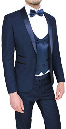 Evoga Abito Uomo Sartoriale Blu Scuro Set Completo Coordinato con Gilet Elegante Cerimonia (48, Blu)