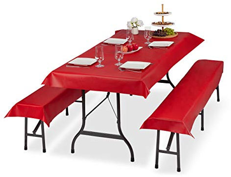 Relaxdays 3 x Bierzeltgarnitur Auflage, Biertisch Tischdecke 250x100cm, 2 Bierbankauflagen 250x55cm, Outdoor, abwaschbar, rot