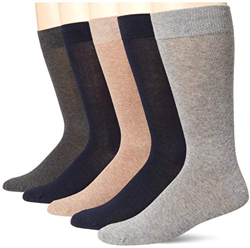 Amazon Essentials Calzini da Abito a Tinta Unita Uomo, 5 Paia, Blu Marino/Grigio/Tan, 41-45