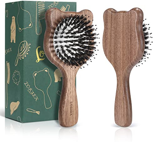 LORSEX Kleine Haarbürste, Mini Bär Haarbürste für Damen, Herren und Kinder, Wildschweinborsten Bürste mit Nylonstiften zum Entwirren (Original Walnuss)