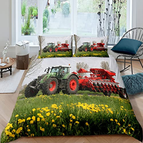 XPINGO Kinder Bettwäsche Traktor 135x200 cm 2teilig Jungen 100% Mikrofaser Sommer Weiche Winter Warm Bettbezüge mit Reißverschluss 3D Traktor Bettbezug mit Kissenbezüge 80x80 cm