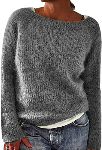 Pull Grosse Maille Femme Pull Tricot Oversize Femme Pullover Tricoté Ample Torsade Femme Grande Taille Hiver Pulls Pull-Over Torsadé Manche Longue Chaud Vintage Large Sweater Femme Col Rond Gris L