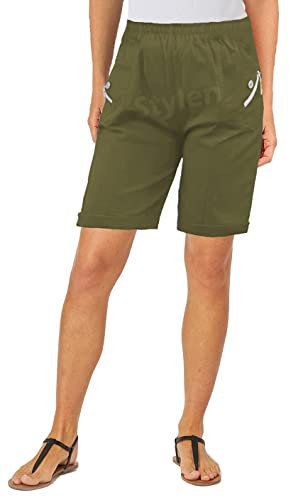 URBAN STITCH Womens Cropped Trousers Ladies Capri Pants Three Quarter Soft Women Stretch Pull on Trousers Elasticated Waist Plus Size Summer Shorts (18, Khaki (Shorts))