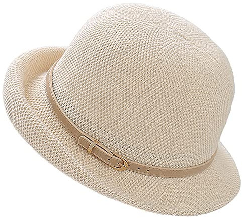 Sonnenhut für Damen, 1920er-Jahre-Stil, kurze Rollkrempe, verstaubar, Sommer, UV-Schutz, Strand-Sonnenhut mit Gürtel, beige, M