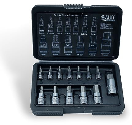 CCLIFE 13pcs Juego de Llaves Hexagonales Métricas 2mm-14mm, S2 Acero de Aleación, para Llave Dinamométrica y Taladro