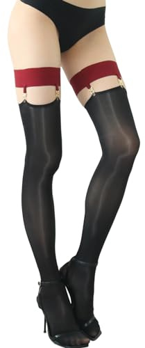 GOCBOBO Calze Per Reggicalze Donna Sexy Lucide Olio Con Cintura 8 Clip Vintage in Metallo - Calzini Neri Con Bordi Rossi