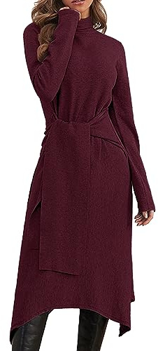 JayscreateEU, abito in maglia da donna, per l'inverno, autunno, vestito da donna invernale, autunnale, midi, maglione-vestito, con collo alto, a maniche lunghe, abito con cintura, caldo, linea ad A