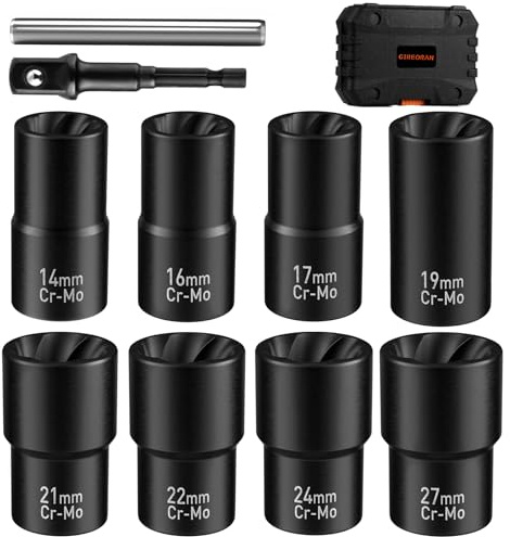 GIREORAN Wheel Lock Removal Kit, 10 Piece Lug Nut Remover, 1/2-Inch-Drive Impact Easy Out Bolt Extractor Socket Set for Removing Damaged, Frozen, Rusted, Rounded-Off Bolts, Nuts & Screws