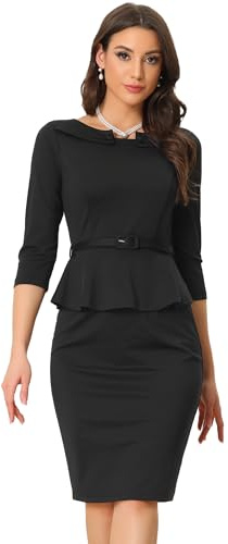Allegra K Robe Crayon Femme Manches 3/4 Une Pièce Robe Midi Moulante avec Ceinture Robe Business à Volants à la Taille Cotume d'affaires Noir M