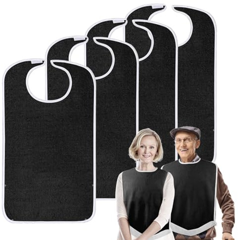 Pozico Waterproof Adult Bibs for Elderly Women & Men – 4 Pack Large Clothing Protector for Eating – Comfortable & Adjustable Hook and Loop Closure with Crumb Catcher – Washable & Durable Design