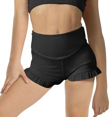 Haloumoning Girls Athletic High Waisted Ruffle Shorts - Comfy Yoga Dance Workout Gymnastics Black 7-8 Years