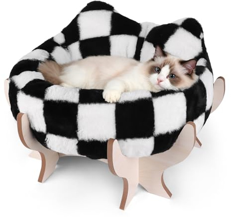 Bartuke Elevated Cat Bed for Indoor Cats, Pet Couch Bed with Removable Fluffy Cushion, Wooden Stand, 18” x 11” Raised Cat Sofa for Kitty Puppy, Checkered Soft Cushion Cats Furniture