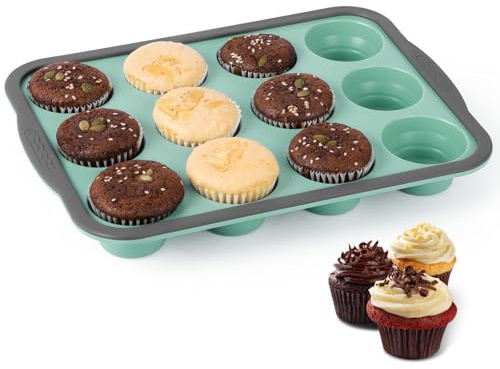 Alaoo Muffin Backform für 12 Muffins,Wiederverwendbare BPA frei Muffin Backblech 31 x 23 cm, Spülmaschinenfest Antihaftbeschichtet Backblech für Cupcakes, Brownies, Kuchen, Pudding(Blaugrün)