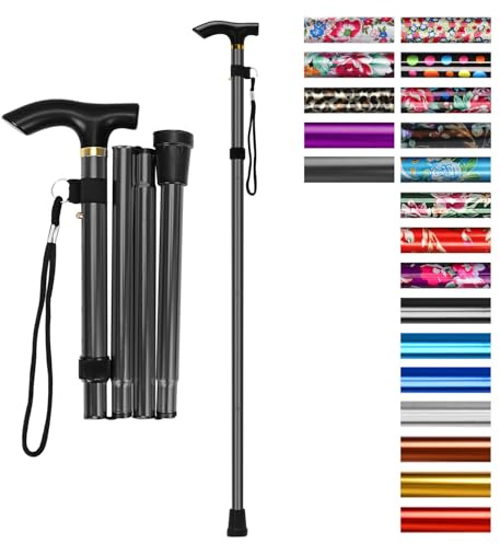 supregear Canne Pliante, Hauteur Réglable à 5 Niveaux Canne de Marche Légère Portable Bâtons de Voyage avec Dragonne et Poignée en T pour Personnes Âgées Handicapées Hommes Femmes, Gris Foncé