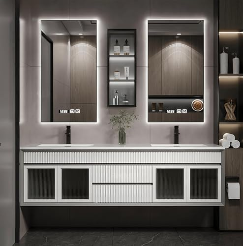 Tocador de baño de doble lavabo con espejos inteligentes y encimera, moderno juego de gabinete de madera para el hogar y la oficina, incluye grifo