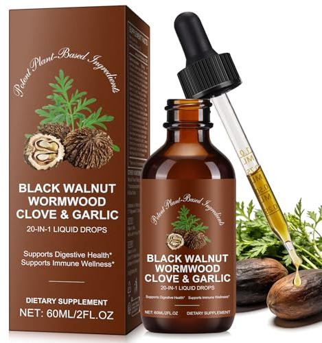 Black Walnut Wormwood Clove & Garlic Liquid Drops | 20-in-1 Potent Plant Formula | Digestive Health & Daily Wellness Support 60ml
