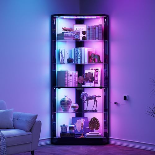 Lvifur Vitrina esquinera de 5 Niveles con Sensor de Presencia y Puertas de Cristal para Dormitorio/Estudio, Vitrina de Cristal de 175 cm con iluminación LED para coleccionistas y Sala de Estar,Negro