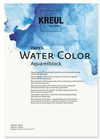 Kreul 69011 - Paper Water Color, Bloc d'aquarelle, DIN A4, 200 g/m, 10 Feuilles, sans Acide et résistant au vieillissement, Blanc Naturel, pour la Peinture avec Aquarelle et Gouache