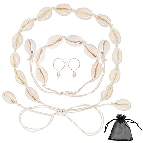 SwirlColor Choker Muschel, 1 Stück Einstellbare Mode Cowry Halskette 1 Stück Sea Shell Armband 1 Paar Kauri Muschel Ohrringe für Frauen Mädchen Party Strand Geburtstag Tanzen